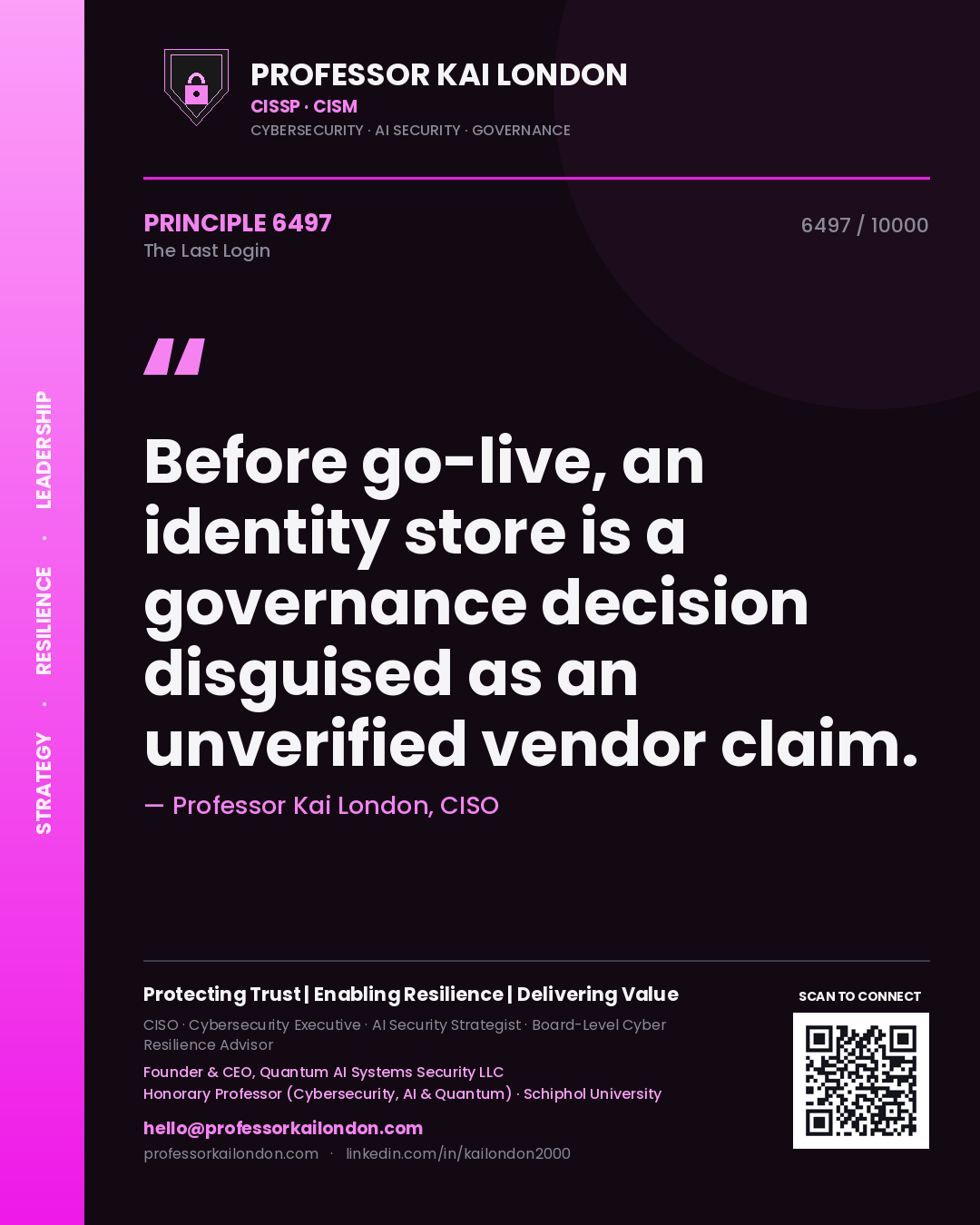 Professor Kai London principle 6497: Before go-live, an identity store is a governance decision disguised as an unverified vendor claim.