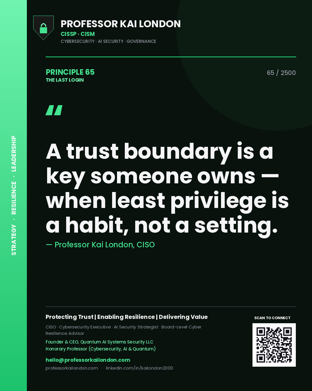 Professor Kai London principle 65: A trust boundary is a key someone owns — when least privilege is a habit, not a setting.
