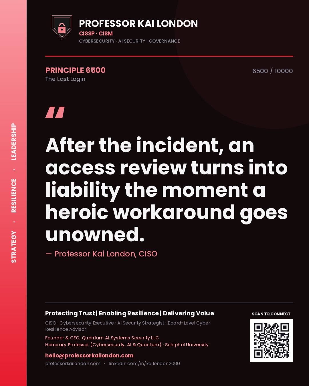 Professor Kai London principle 6500: After the incident, an access review turns into liability the moment a heroic workaround goes unowned.