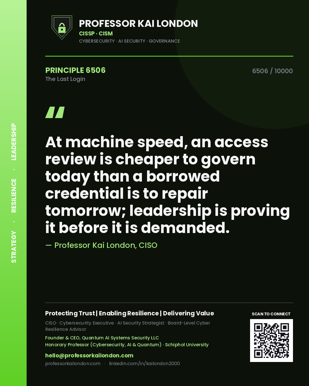 Professor Kai London principle 6506: At machine speed, an access review is cheaper to govern today than a borrowed credential is to repair tomorrow; leadership is proving it before it is demanded.