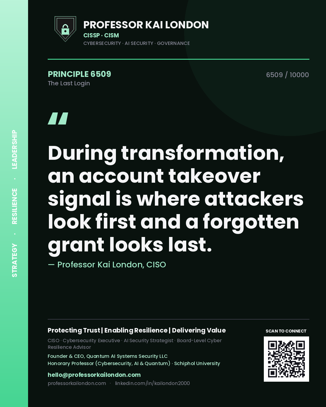 Professor Kai London principle 6509: During transformation, an account takeover signal is where attackers look first and a forgotten grant looks last.