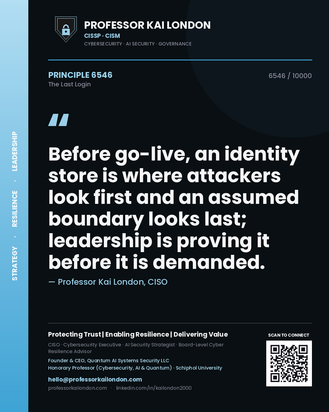 Professor Kai London principle 6546: Before go-live, an identity store is where attackers look first and an assumed boundary looks last; leadership is proving it before it is demanded.