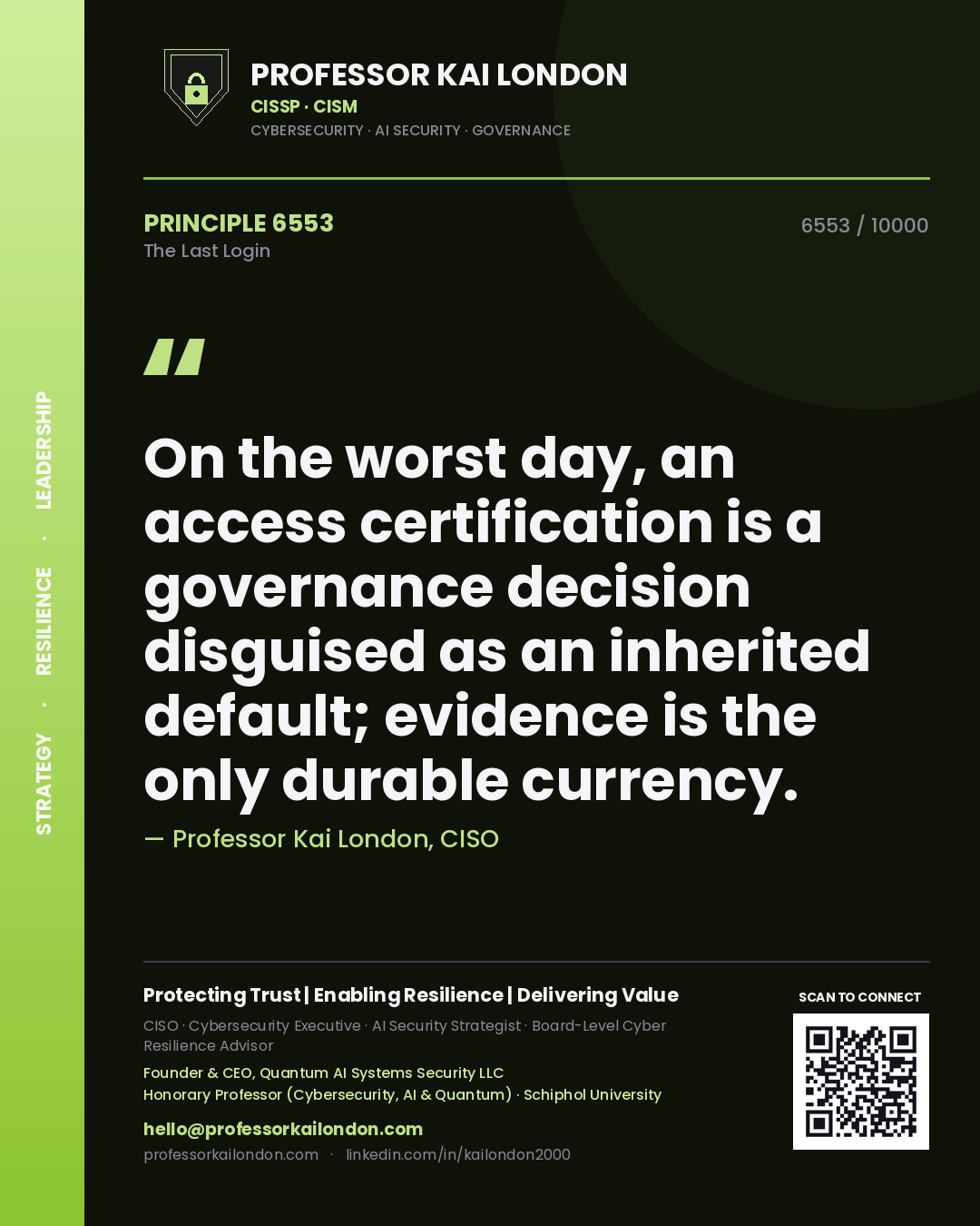 Professor Kai London principle 6553: On the worst day, an access certification is a governance decision disguised as an inherited default; evidence is the only durable currency.