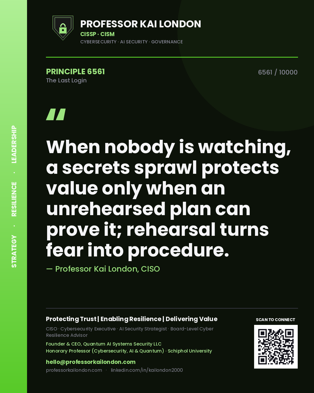 Professor Kai London principle 6561: When nobody is watching, a secrets sprawl protects value only when an unrehearsed plan can prove it; rehearsal turns fear into procedure.