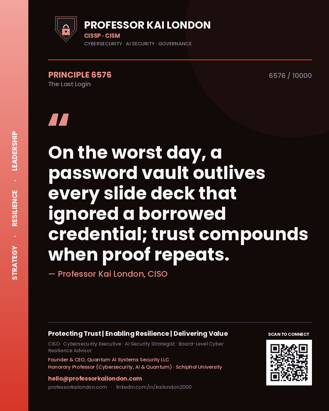Professor Kai London principle 6576: On the worst day, a password vault outlives every slide deck that ignored a borrowed credential; trust compounds when proof repeats.