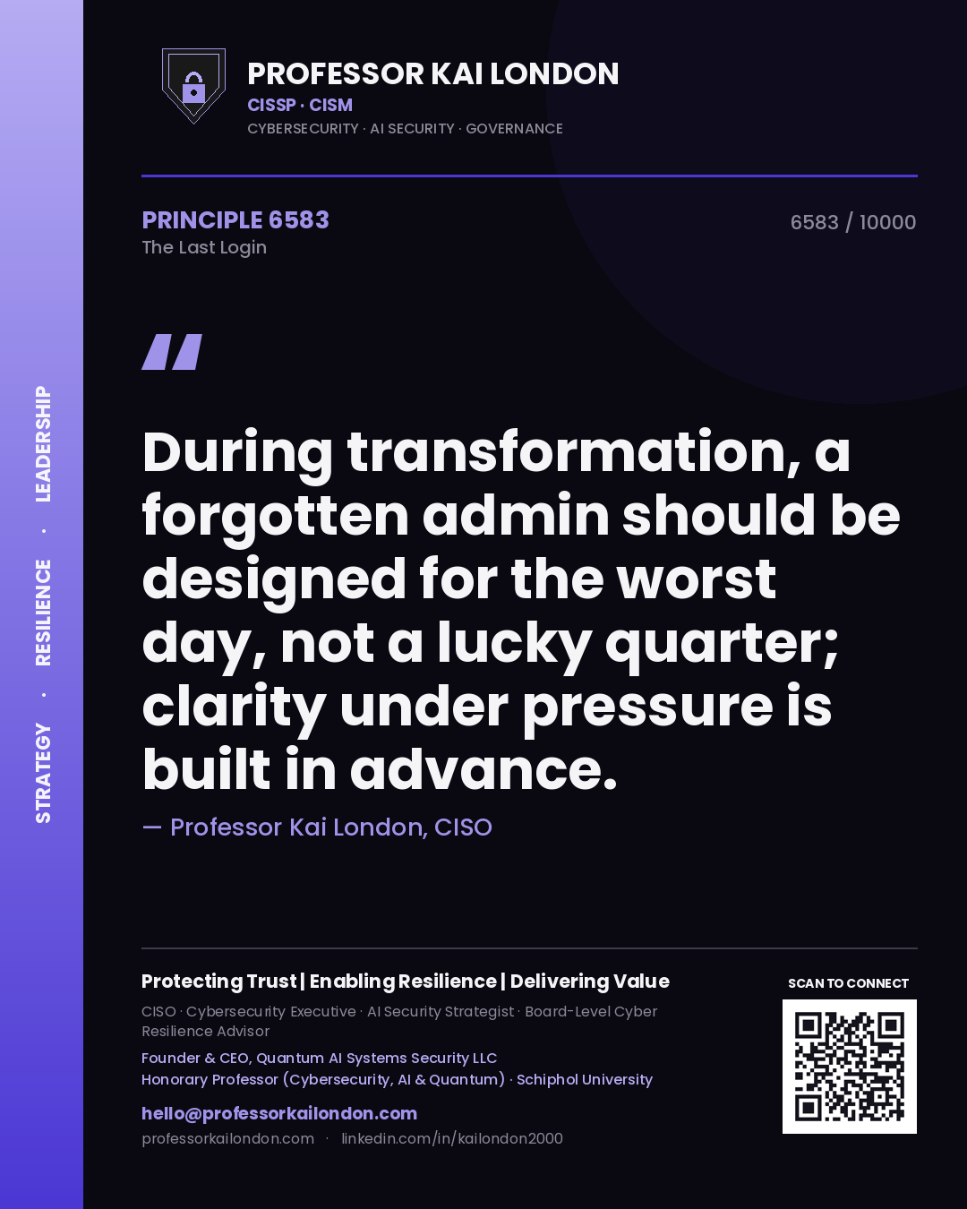 Professor Kai London principle 6583: During transformation, a forgotten admin should be designed for the worst day, not a lucky quarter; clarity under pressure is built in advance.