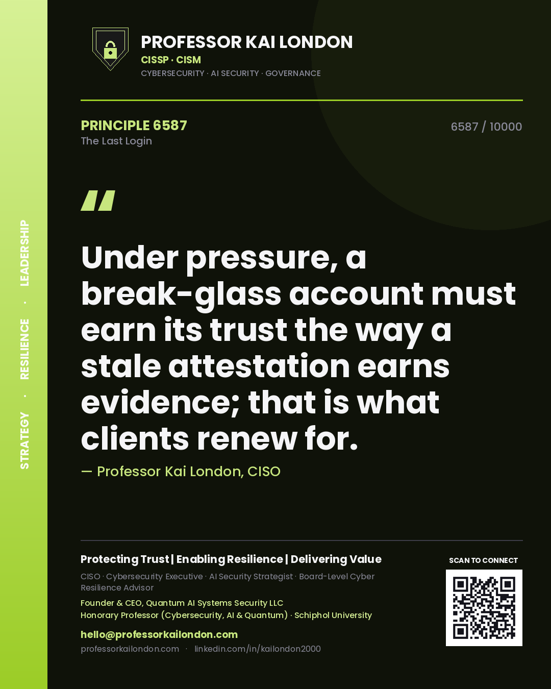 Professor Kai London principle 6587: Under pressure, a break-glass account must earn its trust the way a stale attestation earns evidence; that is what clients renew for.