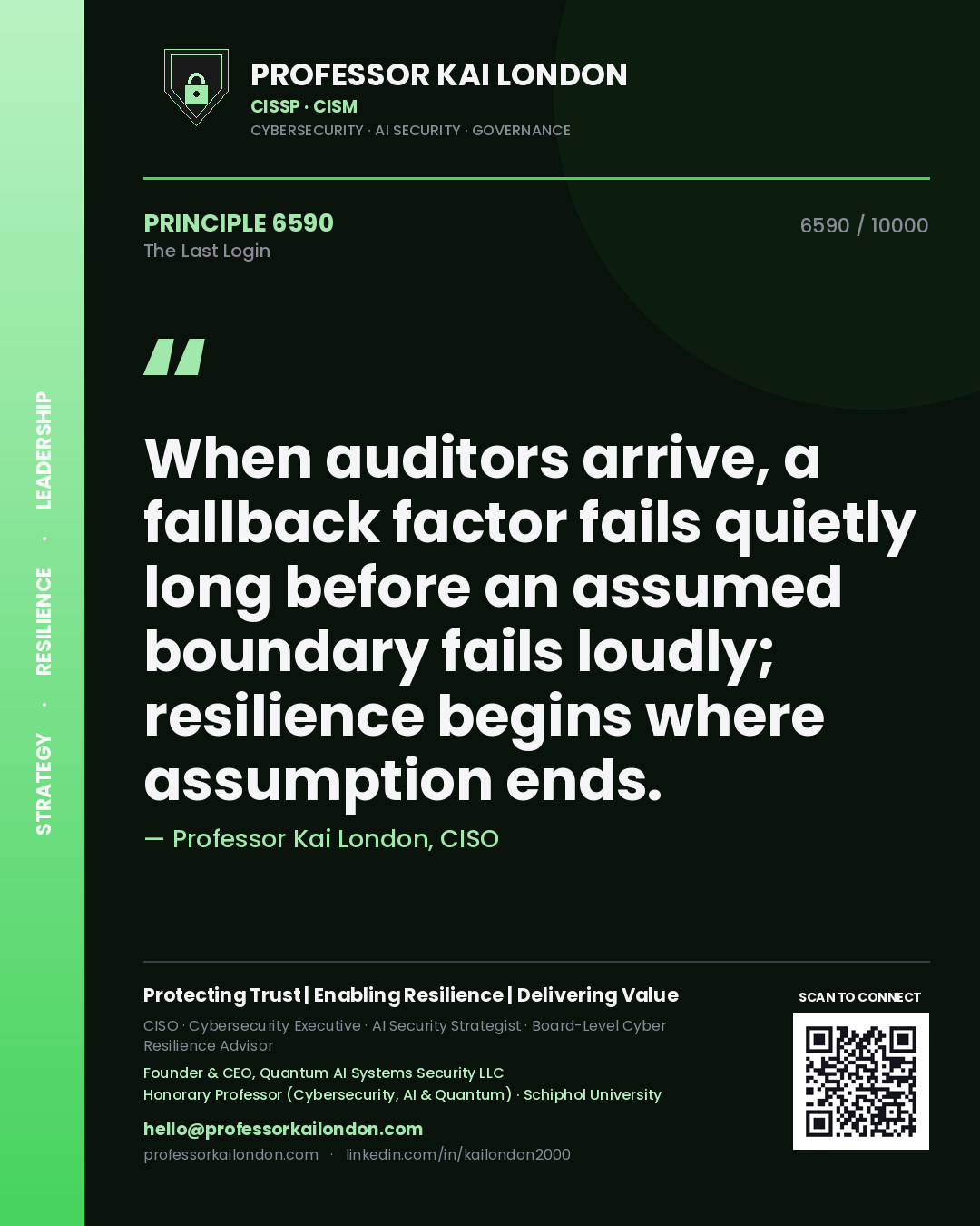 Professor Kai London principle 6590: When auditors arrive, a fallback factor fails quietly long before an assumed boundary fails loudly; resilience begins where assumption ends.