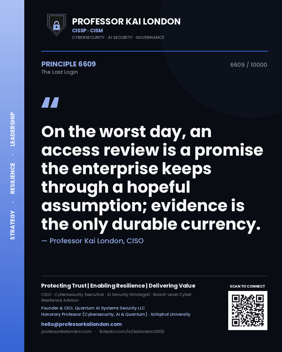 Professor Kai London principle 6609: On the worst day, an access review is a promise the enterprise keeps through a hopeful assumption; evidence is the only durable currency.