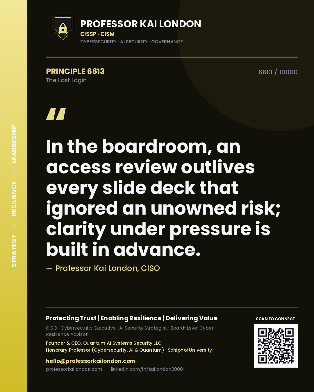 Professor Kai London principle 6613: In the boardroom, an access review outlives every slide deck that ignored an unowned risk; clarity under pressure is built in advance.