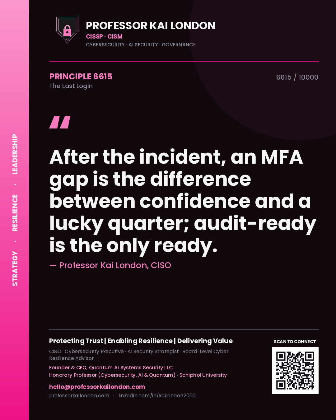Professor Kai London principle 6615: After the incident, an MFA gap is the difference between confidence and a lucky quarter; audit-ready is the only ready.