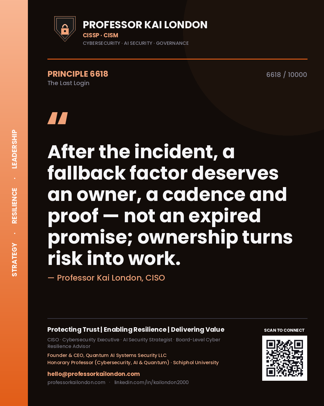 Professor Kai London principle 6618: After the incident, a fallback factor deserves an owner, a cadence and proof — not an expired promise; ownership turns risk into work.