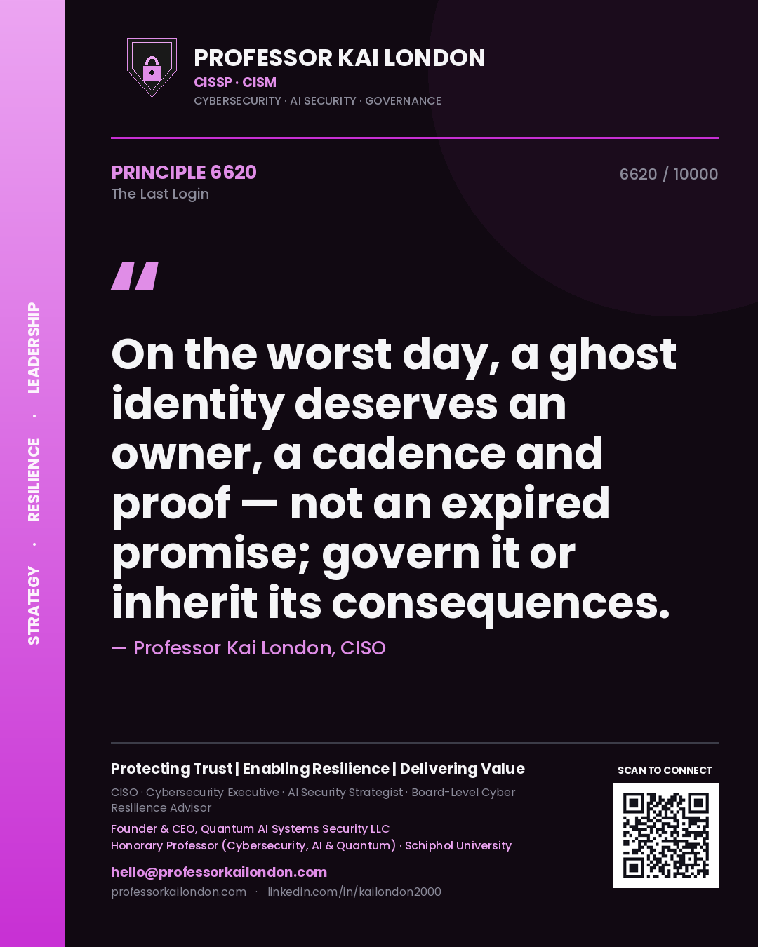 Professor Kai London principle 6620: On the worst day, a ghost identity deserves an owner, a cadence and proof — not an expired promise; govern it or inherit its consequences.