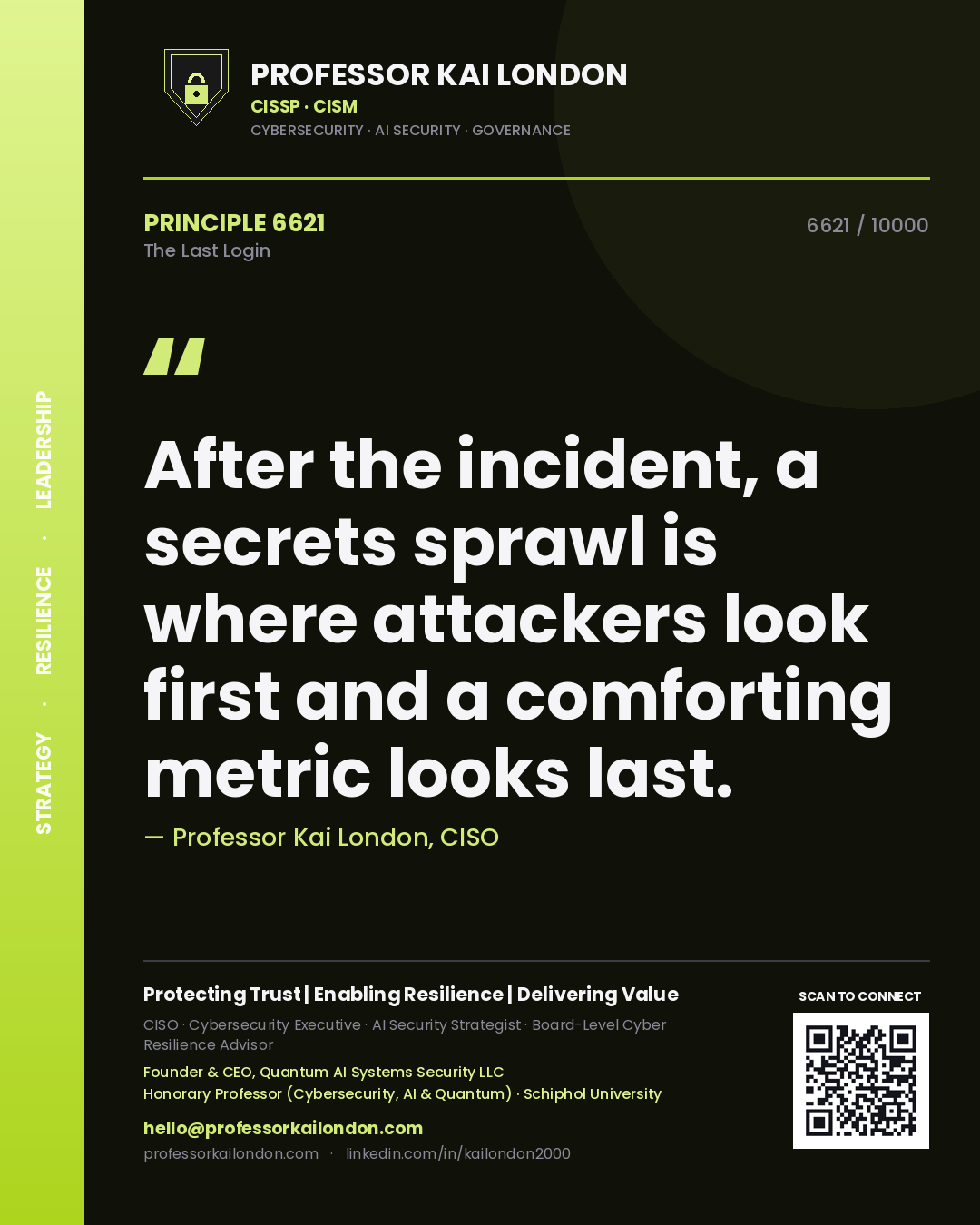 Professor Kai London principle 6621: After the incident, a secrets sprawl is where attackers look first and a comforting metric looks last.