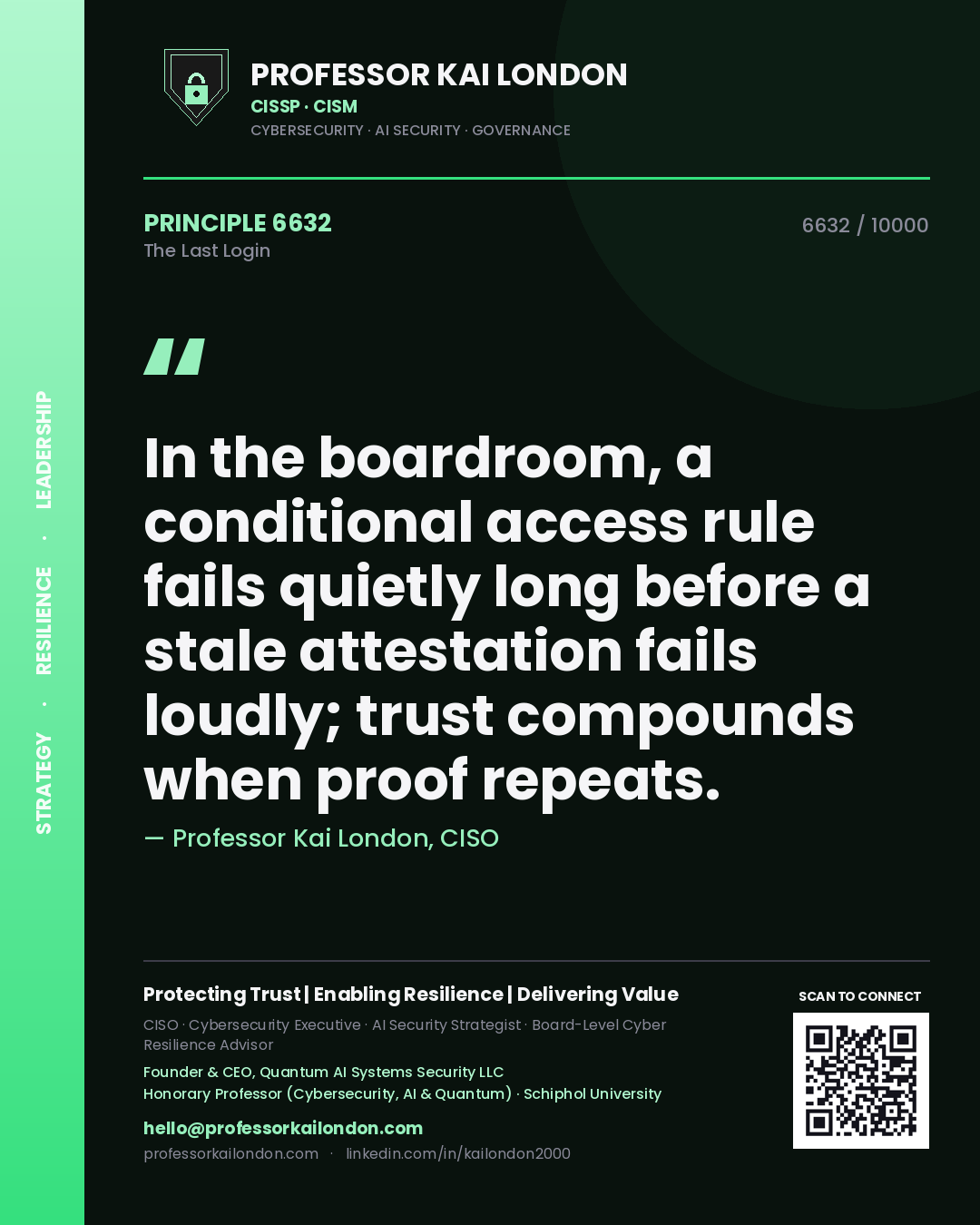 Professor Kai London principle 6632: In the boardroom, a conditional access rule fails quietly long before a stale attestation fails loudly; trust compounds when proof repeats.