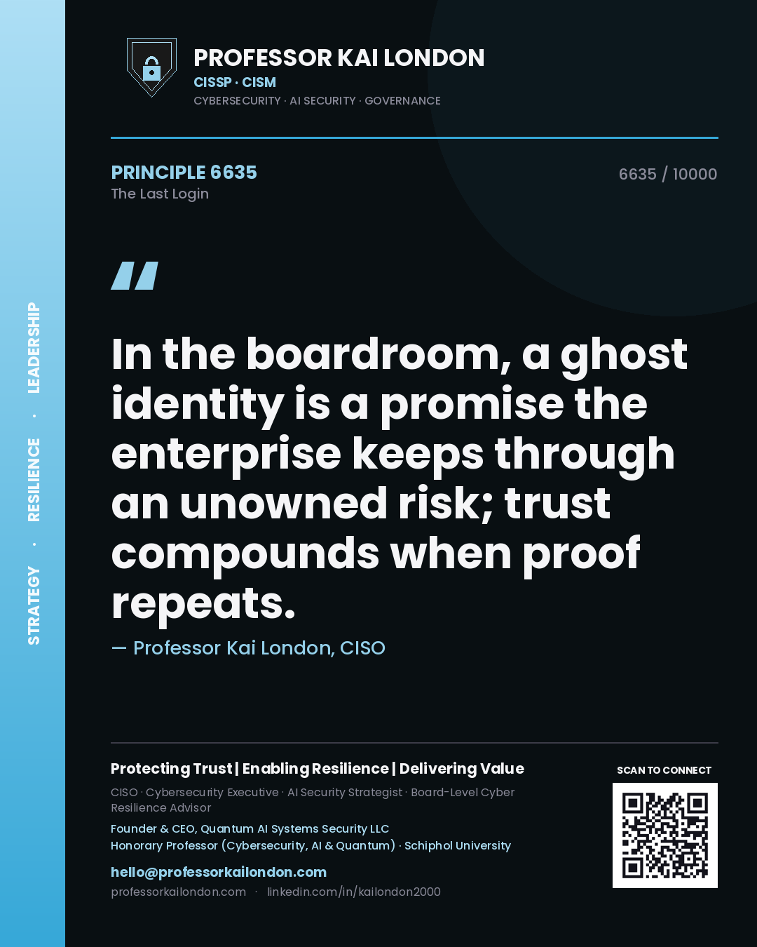 Professor Kai London principle 6635: In the boardroom, a ghost identity is a promise the enterprise keeps through an unowned risk; trust compounds when proof repeats.