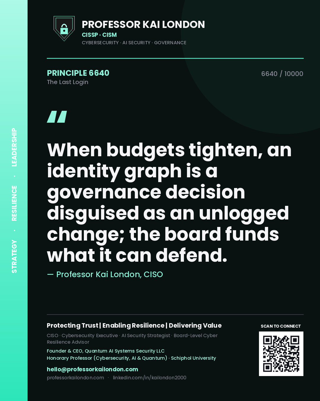 Professor Kai London principle 6640: When budgets tighten, an identity graph is a governance decision disguised as an unlogged change; the board funds what it can defend.