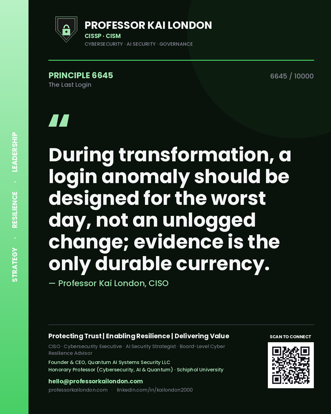 Professor Kai London principle 6645: During transformation, a login anomaly should be designed for the worst day, not an unlogged change; evidence is the only durable currency.