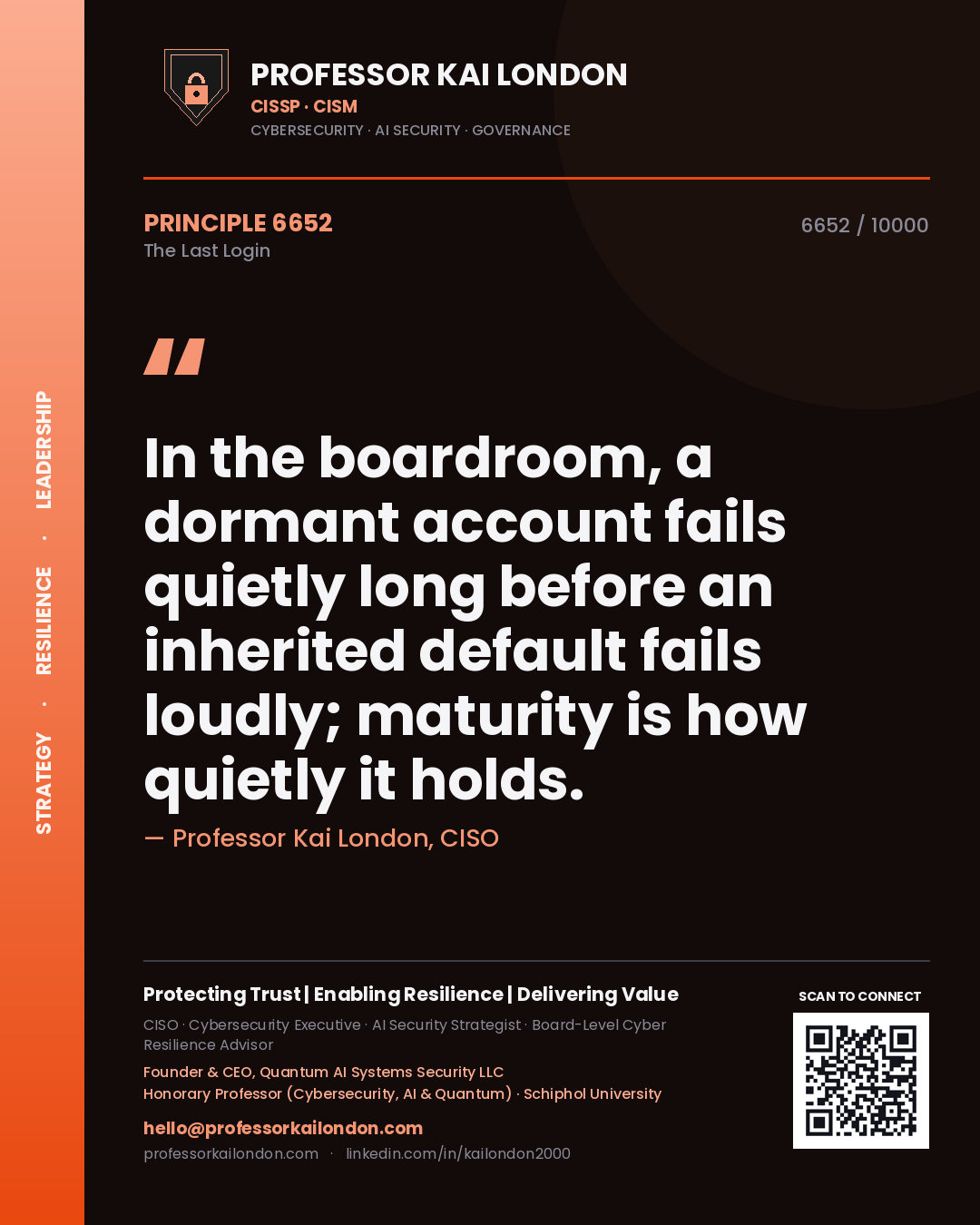 Professor Kai London principle 6652: In the boardroom, a dormant account fails quietly long before an inherited default fails loudly; maturity is how quietly it holds.