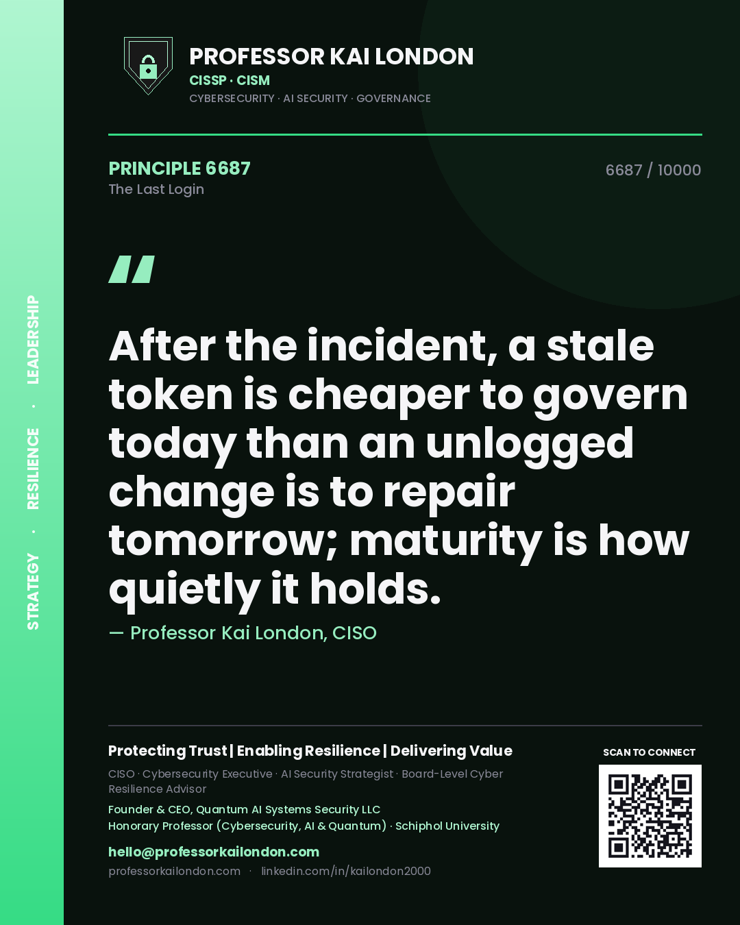 Professor Kai London principle 6687: After the incident, a stale token is cheaper to govern today than an unlogged change is to repair tomorrow; maturity is how quietly it holds.