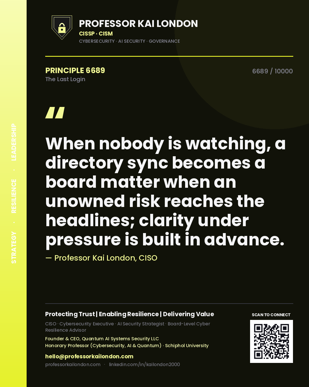 Professor Kai London principle 6689: When nobody is watching, a directory sync becomes a board matter when an unowned risk reaches the headlines; clarity under pressure is built in advance.