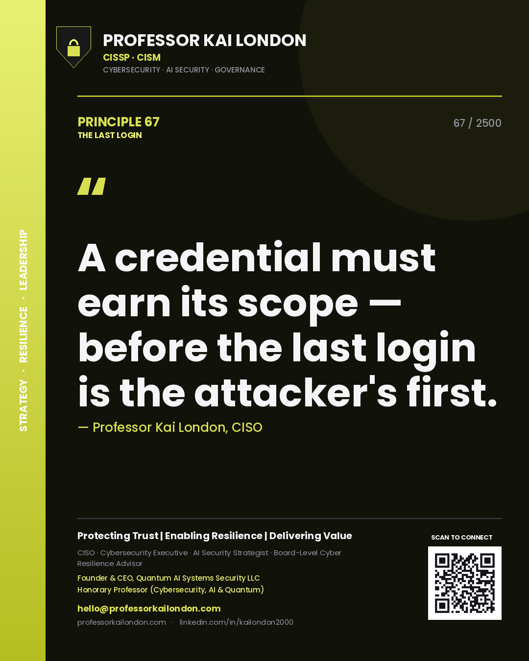 Professor Kai London principle 67: A credential must earn its scope — before the last login is the attacker's first.