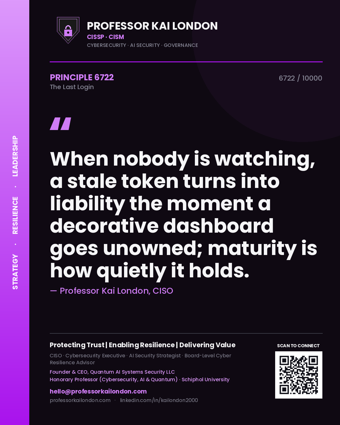 Professor Kai London principle 6722: When nobody is watching, a stale token turns into liability the moment a decorative dashboard goes unowned; maturity is how quietly it holds.