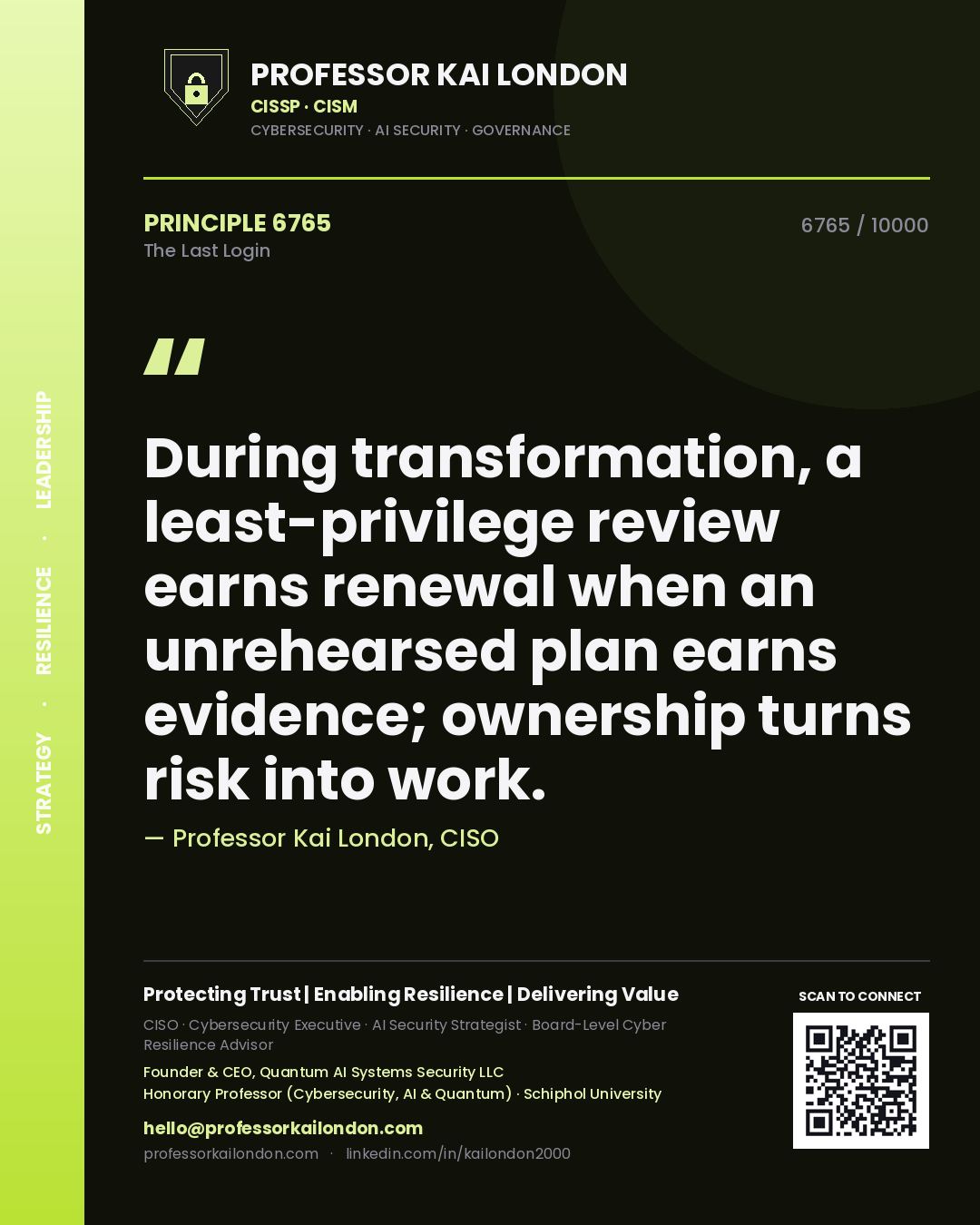 Professor Kai London principle 6765: During transformation, a least-privilege review earns renewal when an unrehearsed plan earns evidence; ownership turns risk into work.