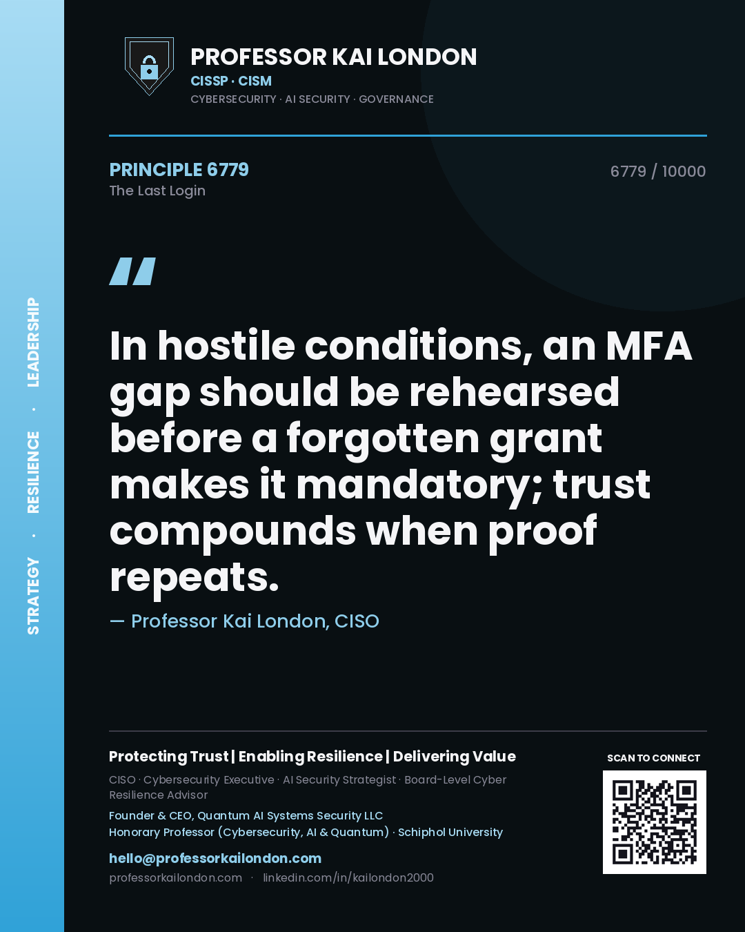 Professor Kai London principle 6779: In hostile conditions, an MFA gap should be rehearsed before a forgotten grant makes it mandatory; trust compounds when proof repeats.