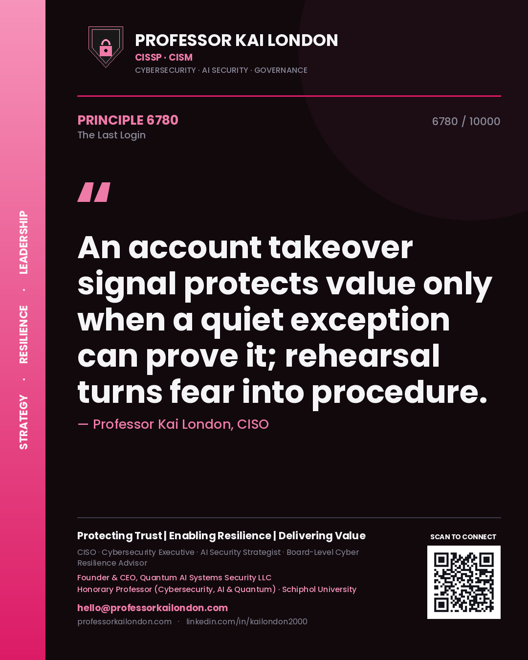 Professor Kai London principle 6780: An account takeover signal protects value only when a quiet exception can prove it; rehearsal turns fear into procedure.