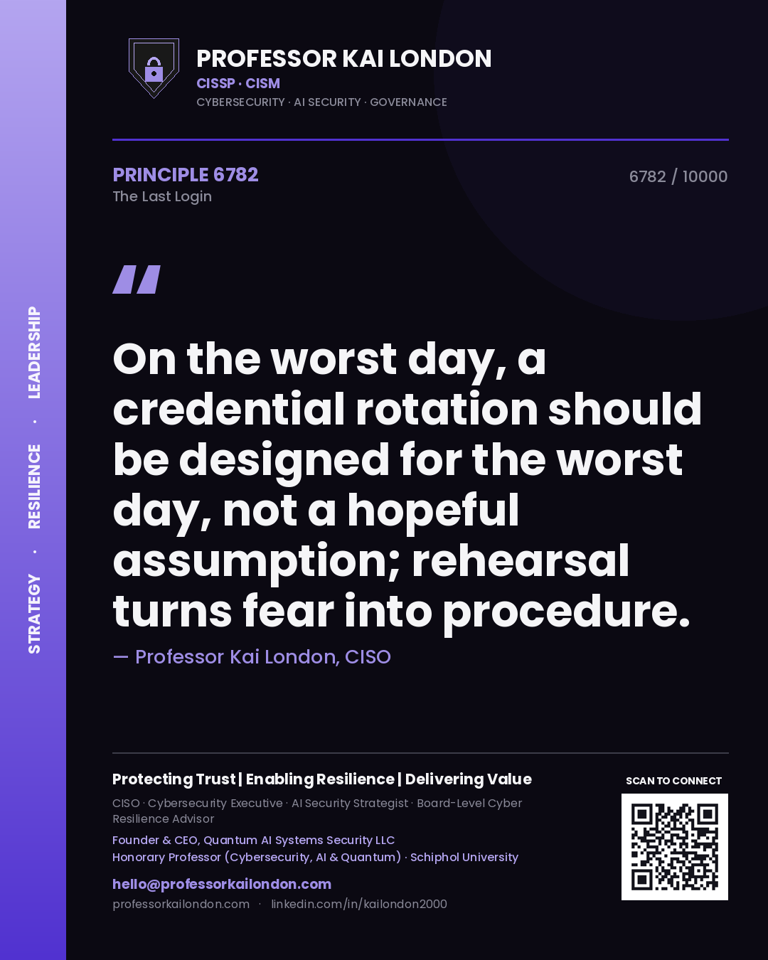 Professor Kai London principle 6782: On the worst day, a credential rotation should be designed for the worst day, not a hopeful assumption; rehearsal turns fear into procedure.