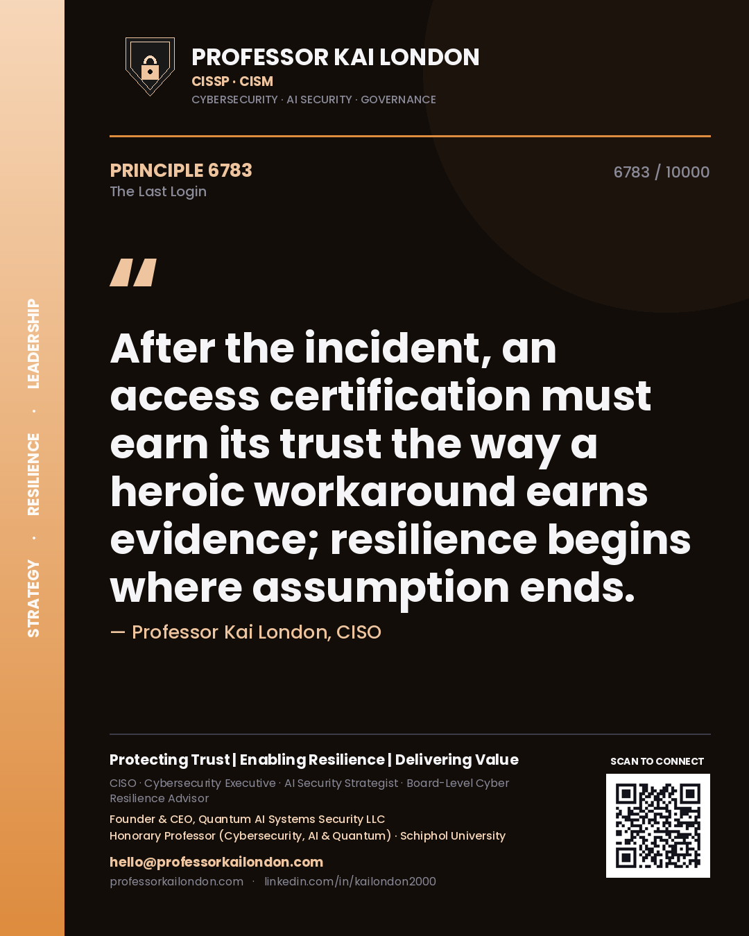 Professor Kai London principle 6783: After the incident, an access certification must earn its trust the way a heroic workaround earns evidence; resilience begins where assumption ends.