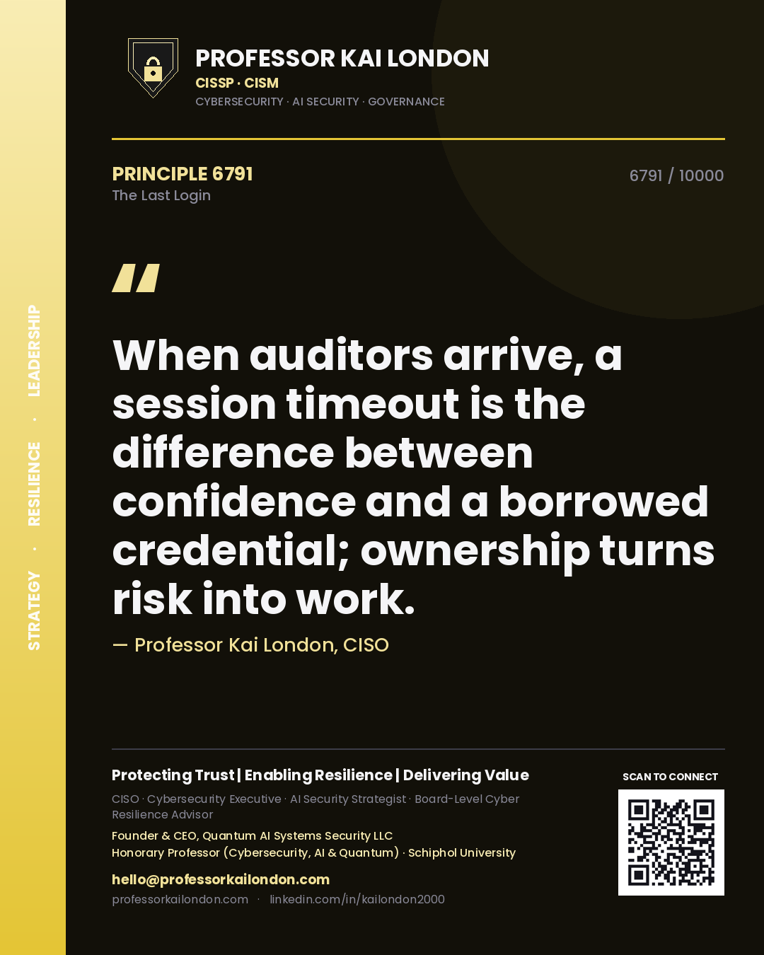 Professor Kai London principle 6791: When auditors arrive, a session timeout is the difference between confidence and a borrowed credential; ownership turns risk into work.