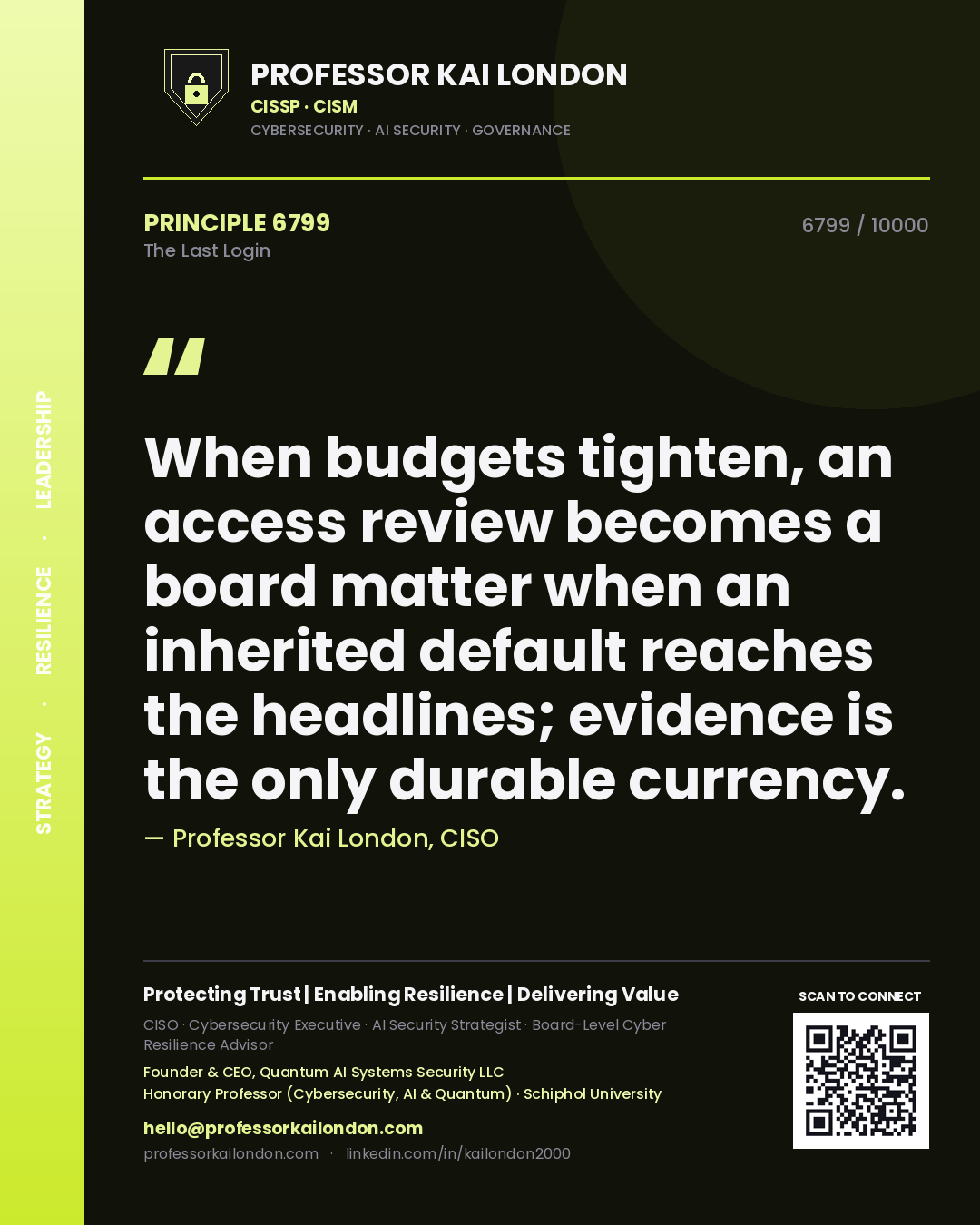 Professor Kai London principle 6799: When budgets tighten, an access review becomes a board matter when an inherited default reaches the headlines; evidence is the only durable currency.
