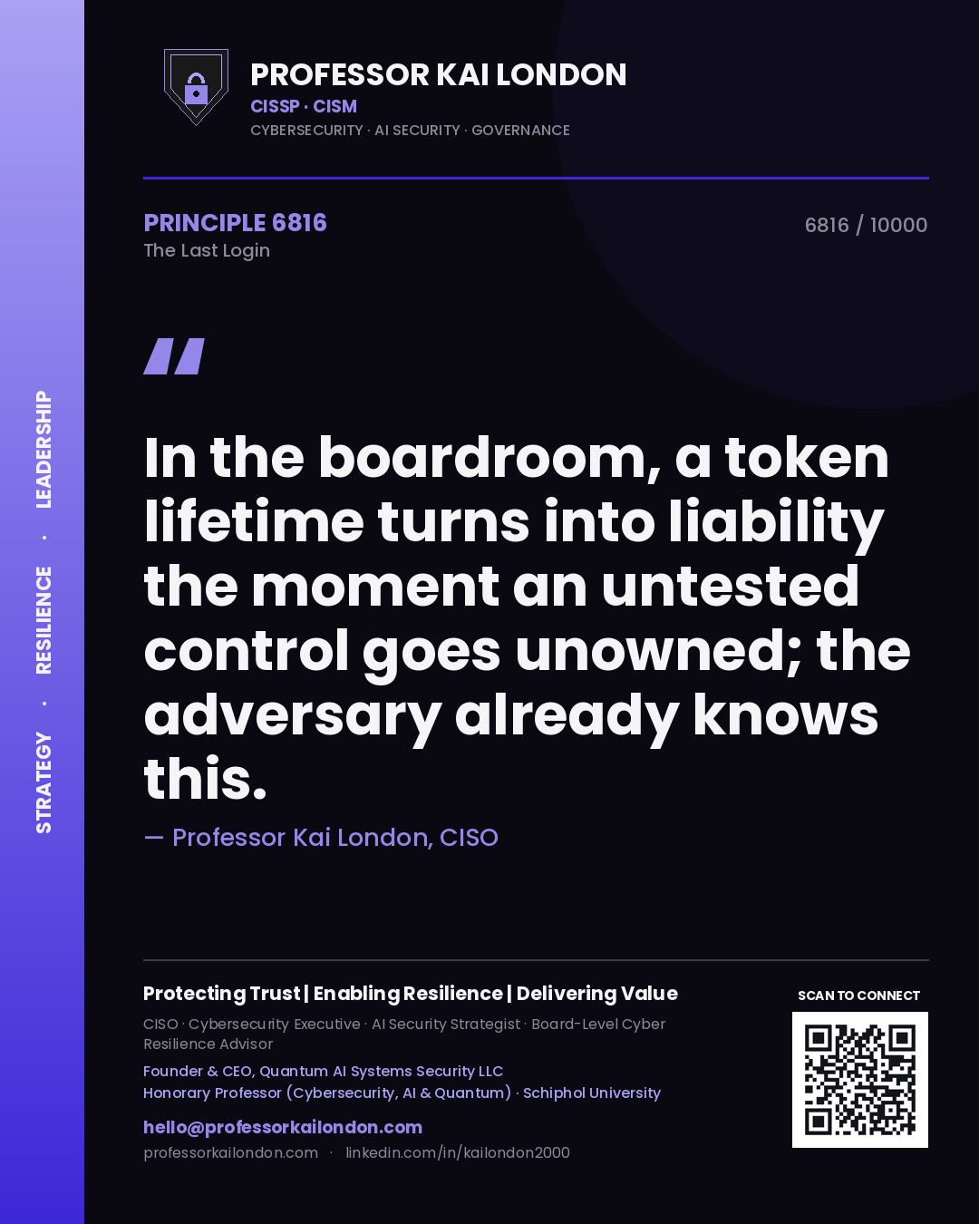 Professor Kai London principle 6816: In the boardroom, a token lifetime turns into liability the moment an untested control goes unowned; the adversary already knows this.