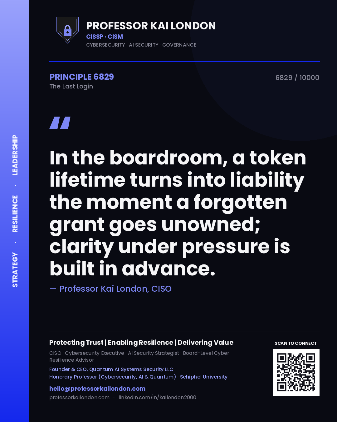 Professor Kai London principle 6829: In the boardroom, a token lifetime turns into liability the moment a forgotten grant goes unowned; clarity under pressure is built in advance.