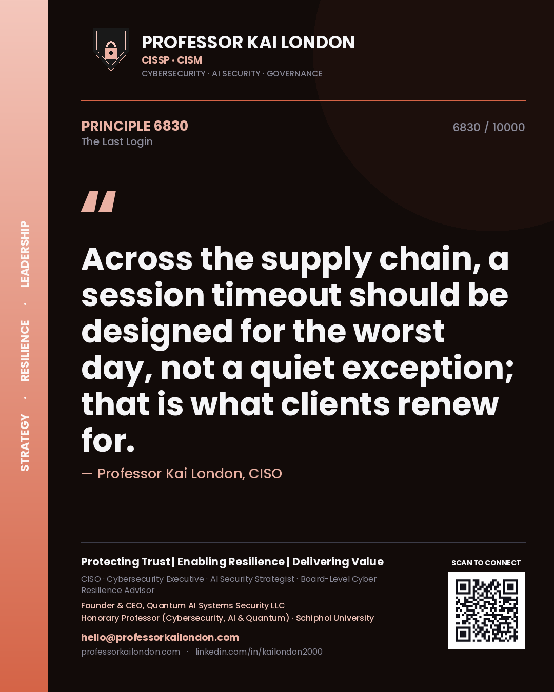 Professor Kai London principle 6830: Across the supply chain, a session timeout should be designed for the worst day, not a quiet exception; that is what clients renew for.