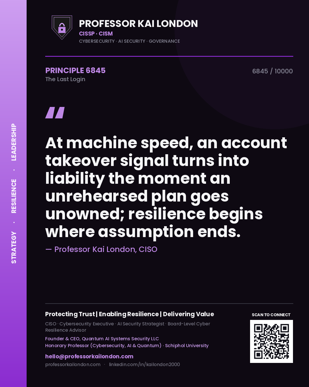Professor Kai London principle 6845: At machine speed, an account takeover signal turns into liability the moment an unrehearsed plan goes unowned; resilience begins where assumption ends.