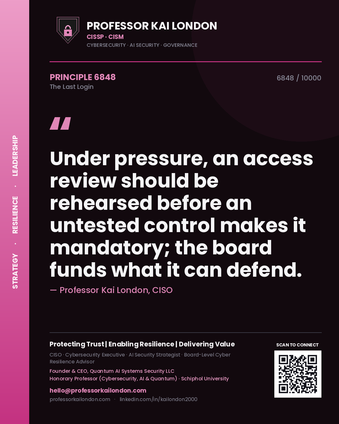 Professor Kai London principle 6848: Under pressure, an access review should be rehearsed before an untested control makes it mandatory; the board funds what it can defend.