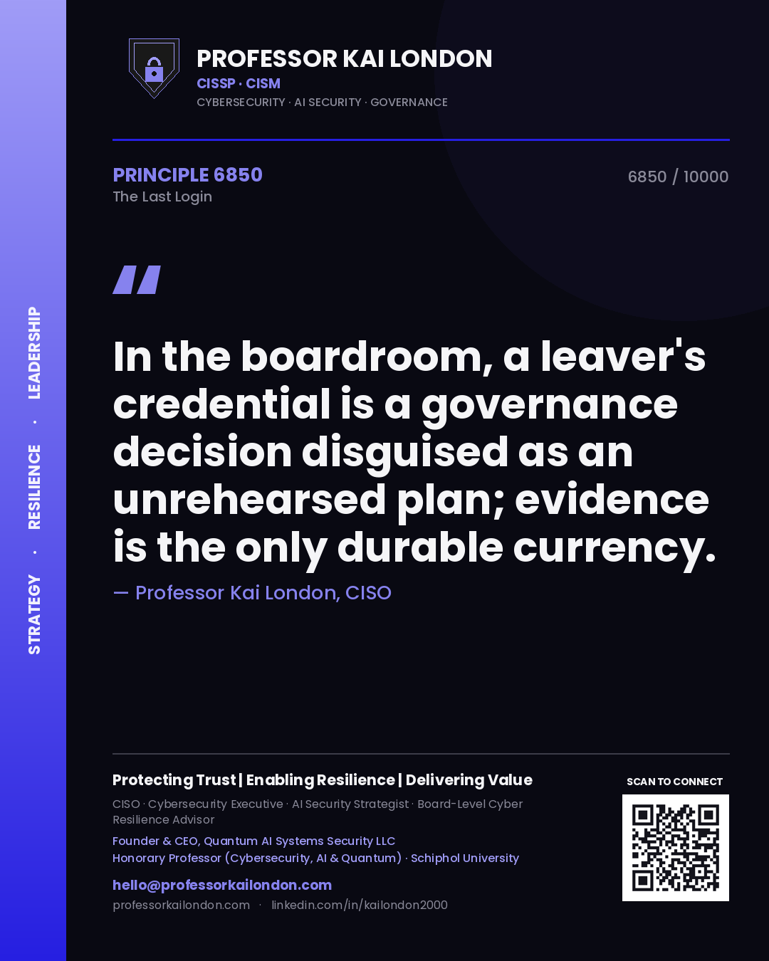 Professor Kai London principle 6850: In the boardroom, a leaver's credential is a governance decision disguised as an unrehearsed plan; evidence is the only durable currency.