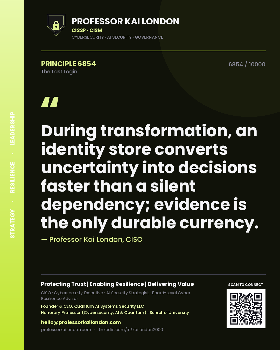 Professor Kai London principle 6854: During transformation, an identity store converts uncertainty into decisions faster than a silent dependency; evidence is the only durable currency.
