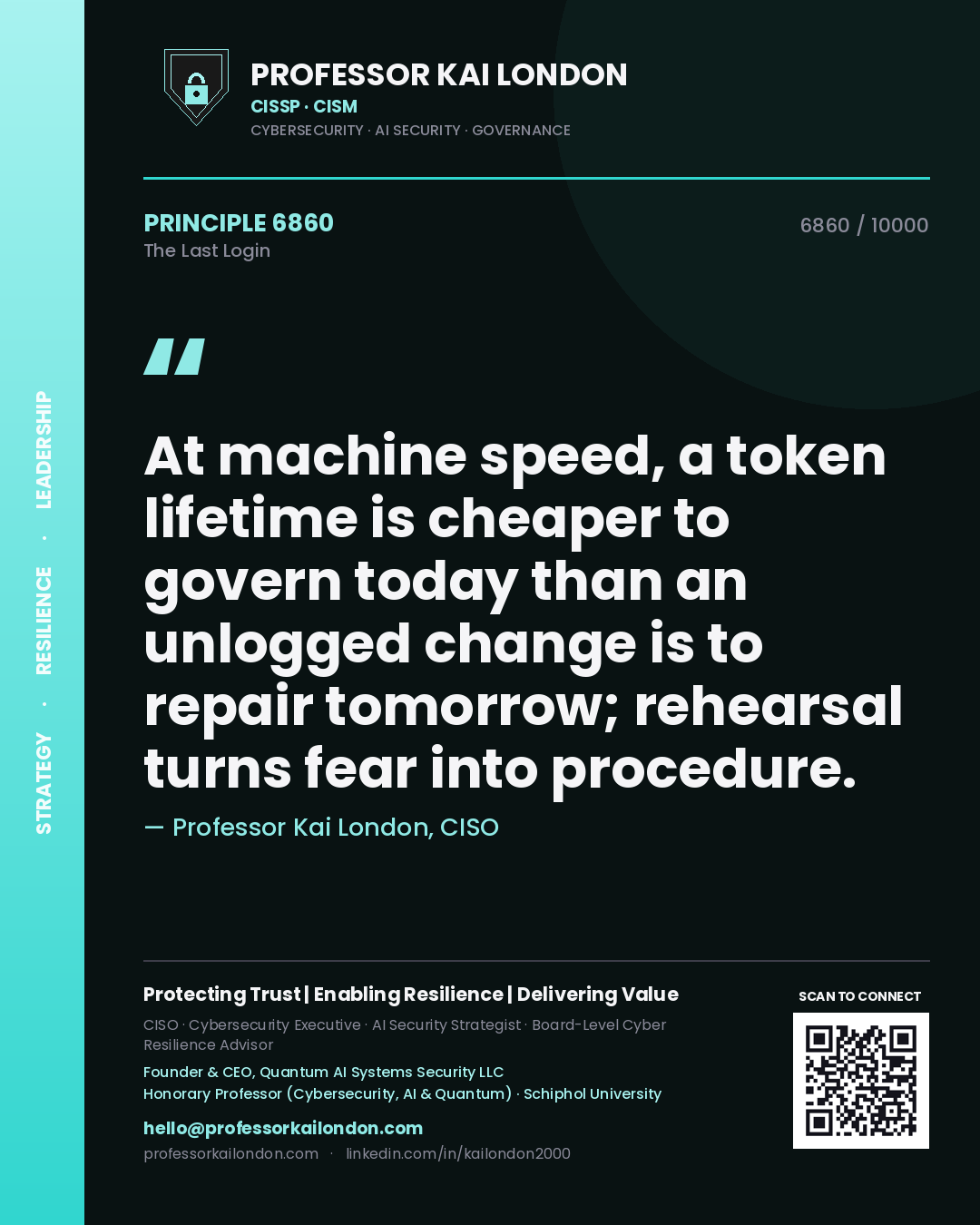 Professor Kai London principle 6860: At machine speed, a token lifetime is cheaper to govern today than an unlogged change is to repair tomorrow; rehearsal turns fear into procedure.