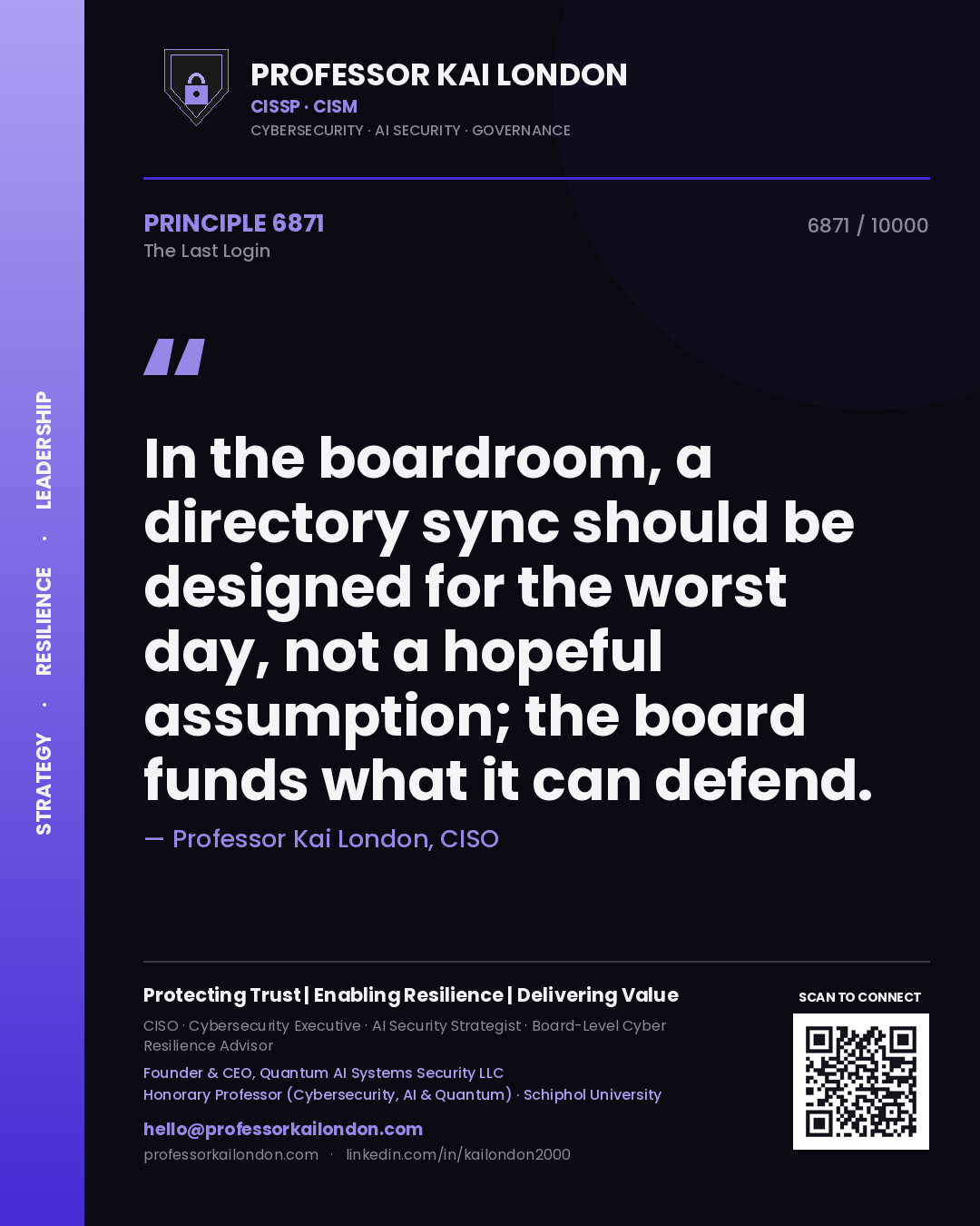 Professor Kai London principle 6871: In the boardroom, a directory sync should be designed for the worst day, not a hopeful assumption; the board funds what it can defend.
