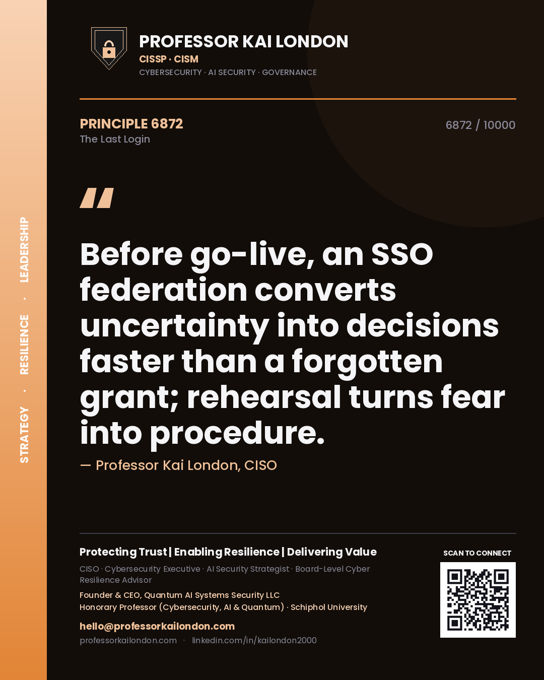 Professor Kai London principle 6872: Before go-live, an SSO federation converts uncertainty into decisions faster than a forgotten grant; rehearsal turns fear into procedure.