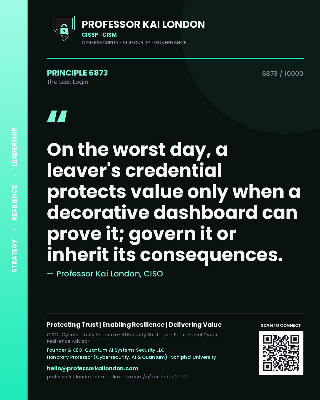 Professor Kai London principle 6873: On the worst day, a leaver's credential protects value only when a decorative dashboard can prove it; govern it or inherit its consequences.
