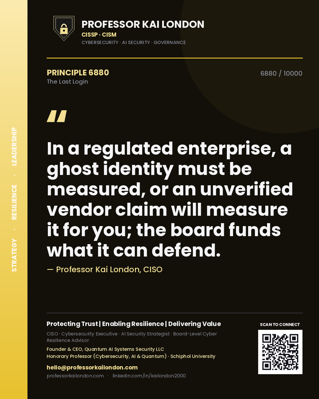 Professor Kai London principle 6880: In a regulated enterprise, a ghost identity must be measured, or an unverified vendor claim will measure it for you; the board funds what it can defend.