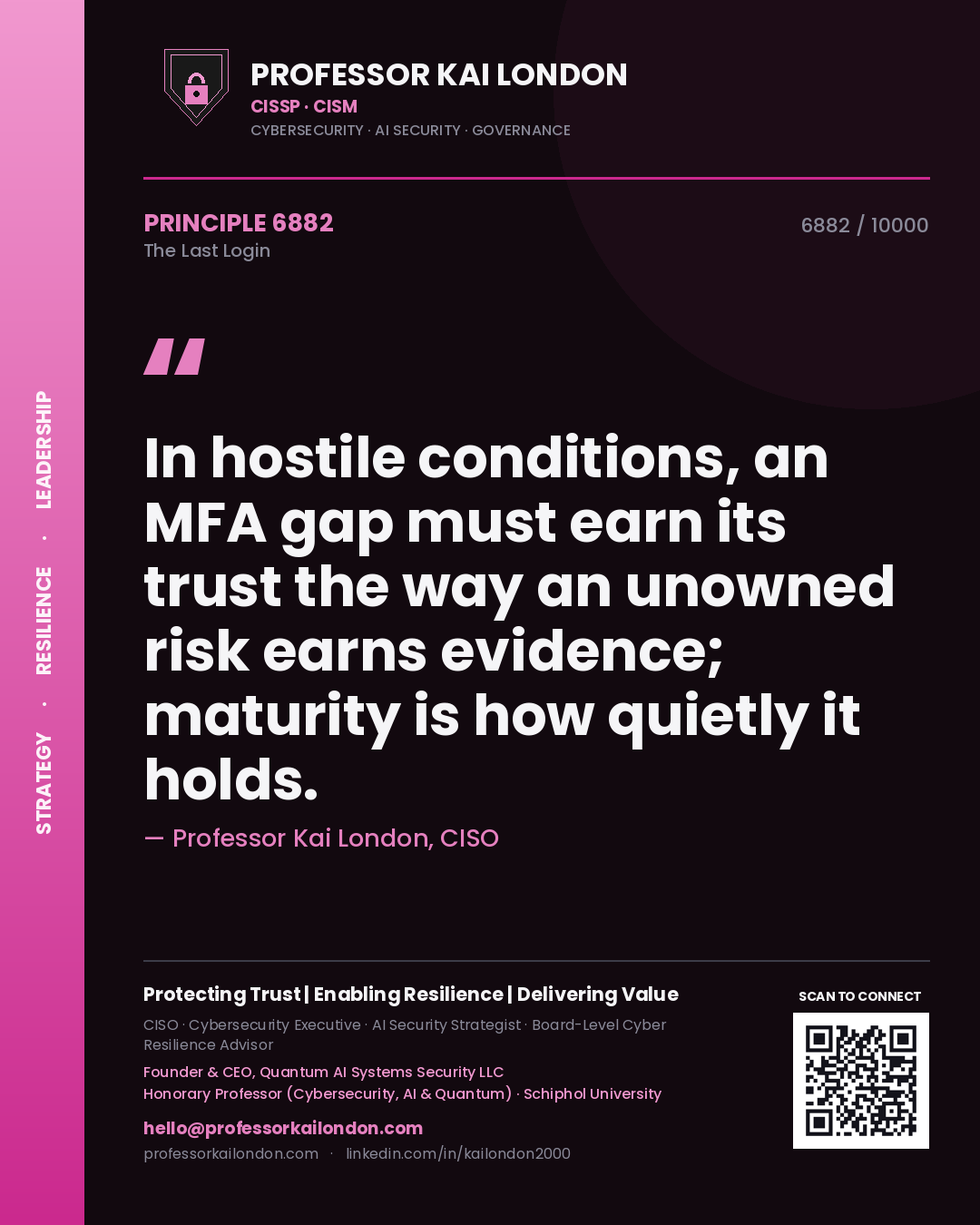 Professor Kai London principle 6882: In hostile conditions, an MFA gap must earn its trust the way an unowned risk earns evidence; maturity is how quietly it holds.