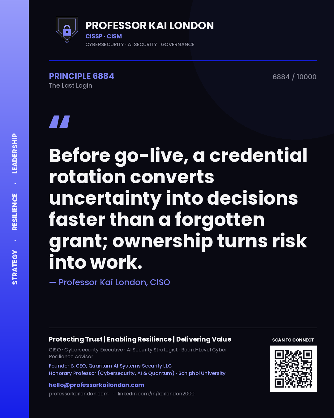 Professor Kai London principle 6884: Before go-live, a credential rotation converts uncertainty into decisions faster than a forgotten grant; ownership turns risk into work.
