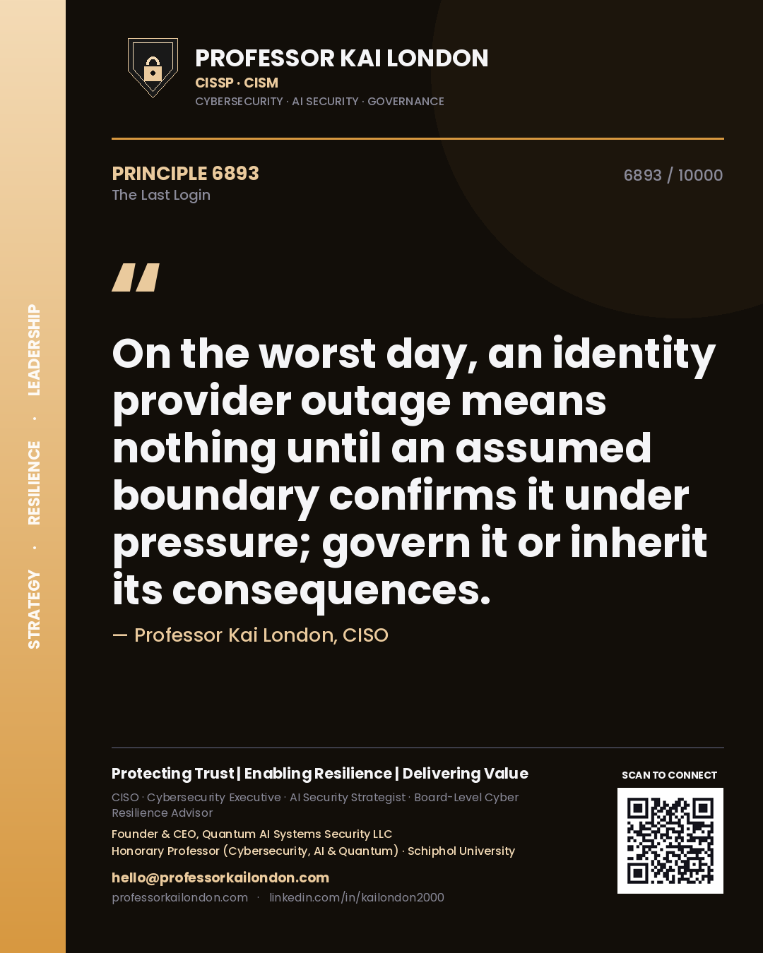 Professor Kai London principle 6893: On the worst day, an identity provider outage means nothing until an assumed boundary confirms it under pressure; govern it or inherit its consequences.