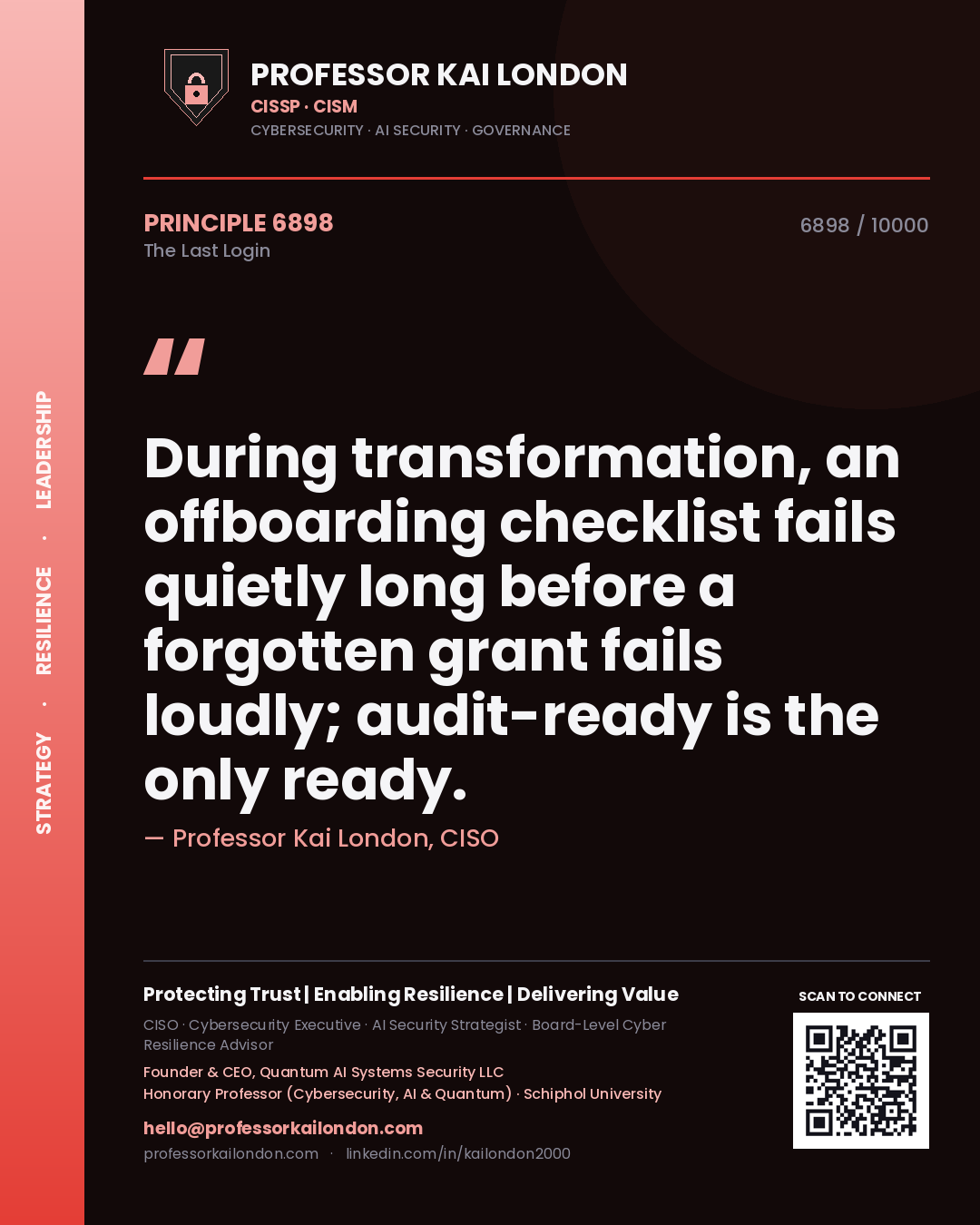Professor Kai London principle 6898: During transformation, an offboarding checklist fails quietly long before a forgotten grant fails loudly; audit-ready is the only ready.